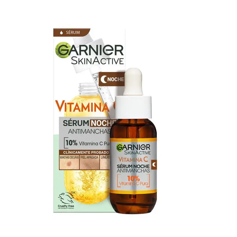 Garnier Anti-Blemish Night Serum with 10% Vitamin C. Results on spots, dull skin and fine lines.