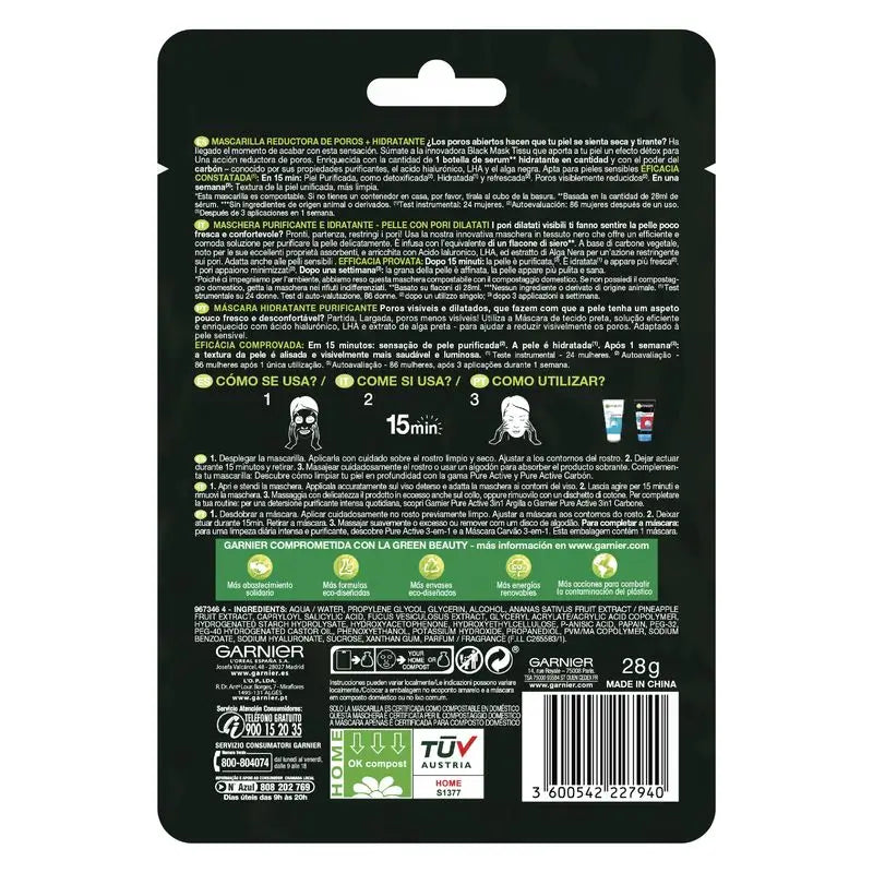 Garnier Skin Active Black Tissue Mask With Black Algae Extract And Hyaluronic Acid For Skin With Enlarged Pores