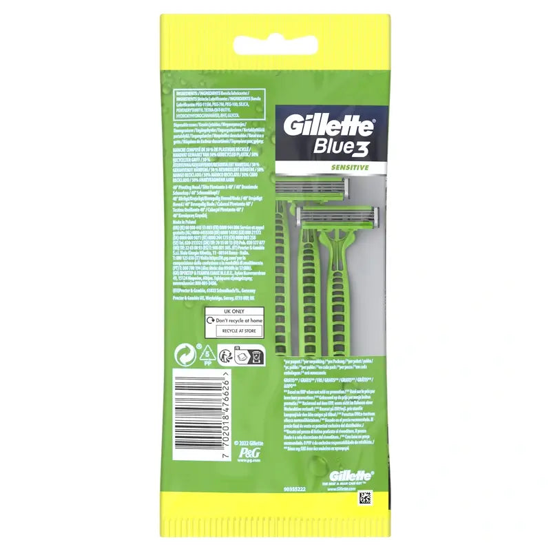 Gillette Blue3 Sensitive Men's Disposable Razor , 5 pcs.