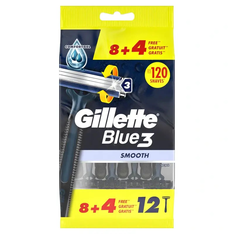 Gillette Blue3 Smooth 8+4 Men's Disposable Razors 40° Pivoting Head & Lubricating Strip , 12 pcs.