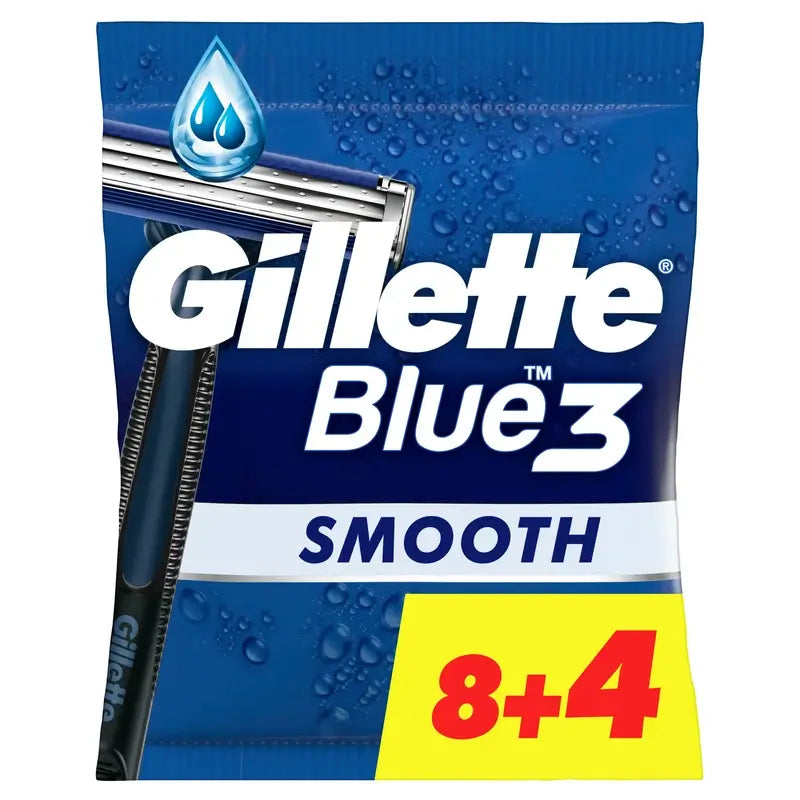 Gillette Blue3 Smooth 8+4 Men's Disposable Razors 40° Pivoting Head & Lubricating Strip , 12 pcs.