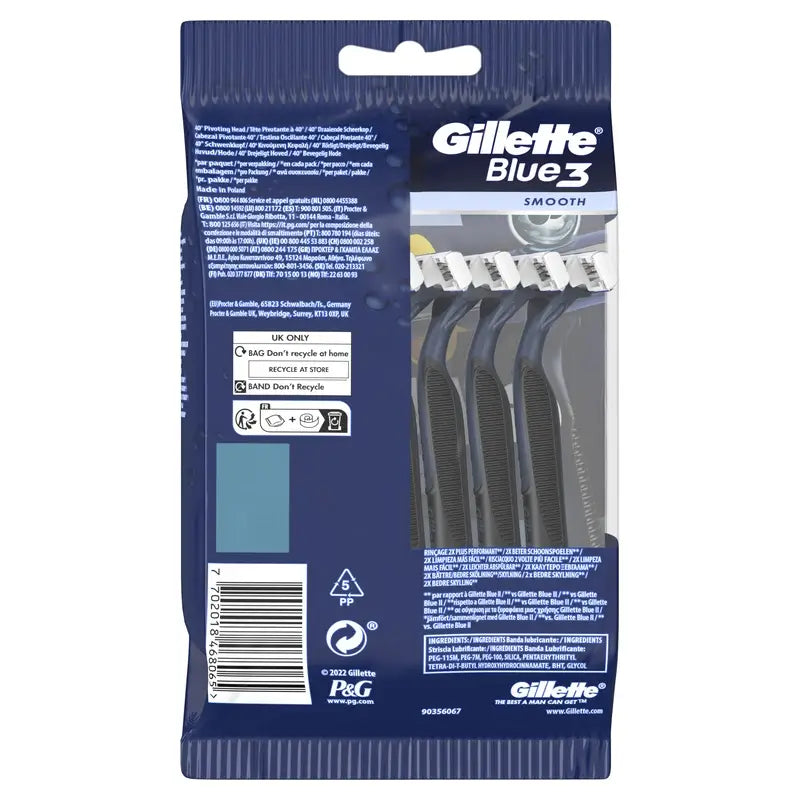 Gillette Blue3 Smooth Men's Disposable Razors 3 Blades, 8 pcs.