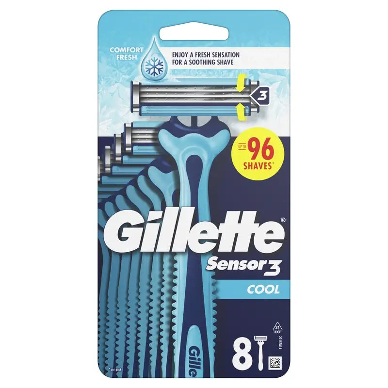 Gillette Sensor3 Cool Men's Disposable Razors Eucalyptus Lubricating Strip, 8 pcs.