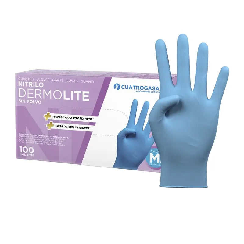 Cuatrogasa Dermolite Powder Free Nitrile Gloves Blue Size M, 100 Units