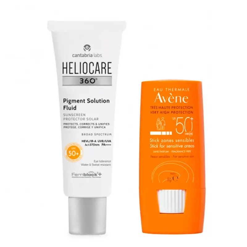 Heliocare 360º Pigment Solution Fluid Spf50+, 50 Ml + Avene Stick Solar Spf 50+ Sensitive Areas 8 Gr