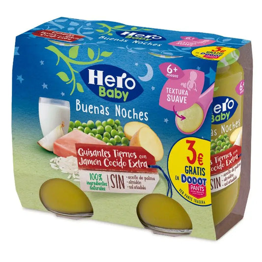 Hero Baby Buenas Noches Tarrito Buenas Noches Tender Peas Cooked Ham Extra Hb 2X190G