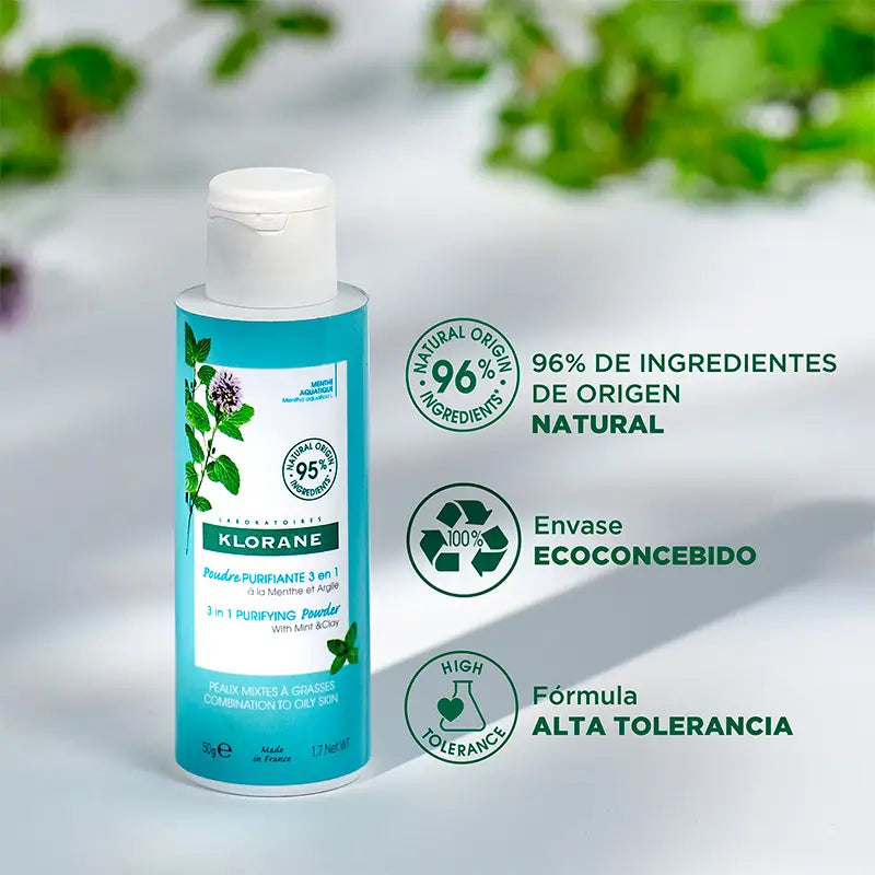 Klorane Polvo Purificante 3 En 1 a la Menta Acuática Bio 50 gr