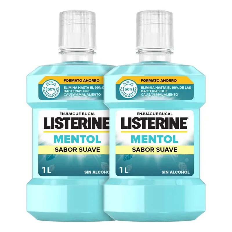 Listerine Enjuague Bucal, Mentol Sabor Suave, Sin Alcohol Uso Diario, Aliento Fresco Duradero Pack De 2 X 1000Ml.