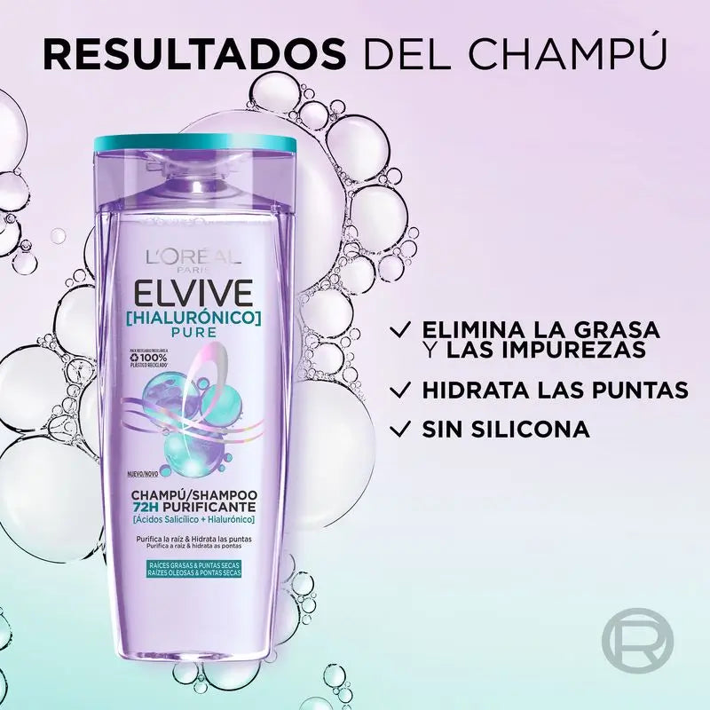 L'Oréal Paris Elvive Hyaluronic Pure Shampoo: Cleanses, Moisturises, Shine & Body, Silicone-Free, 400Ml