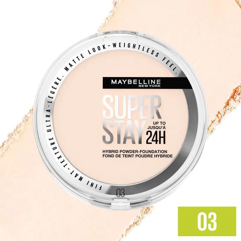 Maybelline New York Superstay Hybrid 24H Powder Foundation, Super Coverage, Super Lightweight, Up to 24H, Shade 03