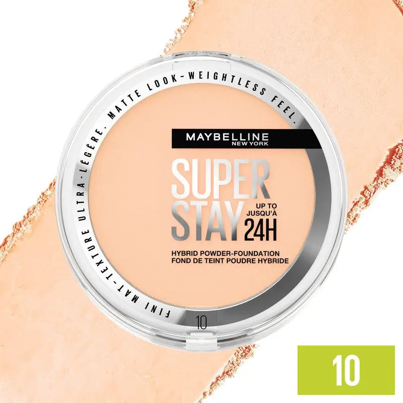 Maybelline New York Superstay Hybrid 24H Powder Foundation, Super Coverage, Super Lightweight, Up to 24H, Shade 10