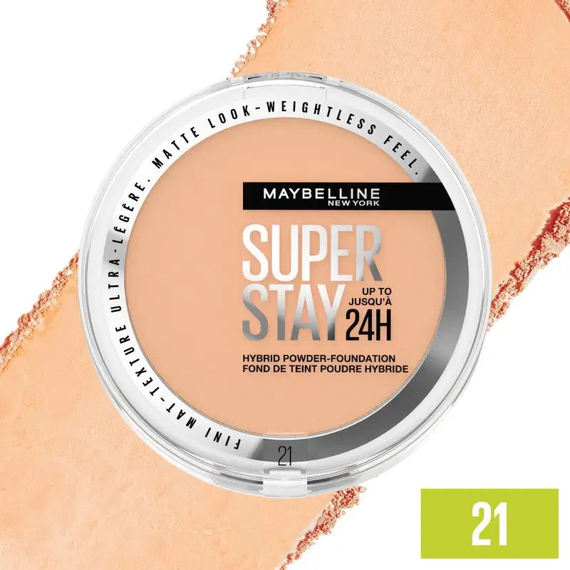 Maybelline New York Superstay Hybrid 24H Powder Foundation, Super Coverage, Super Lightweight, Up to 24H, Shade 21