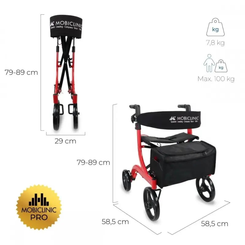 Mobiclinic Large Four Wheeled Walking Frame - Foldable - Seat & Backrest - Front Basket - Modern - Undefeated X1