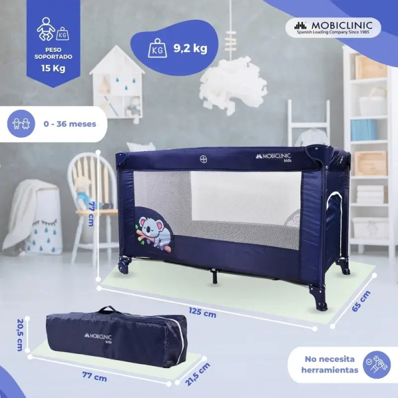 Mobiclinic Travel Cot With Wheels - Portable - Foldable - Sturdy - Breathable Fabric - Carrying Bag - Blue - Mofli