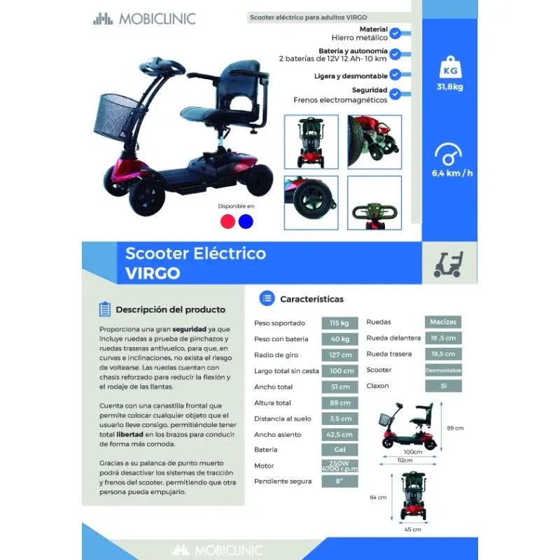 Mobiclinic Mobility Scooter Reduced Mobility - Auton. 10 Km - 4 Wheels - Compact & Detachable - 12Ah - 250W - Virgo - Mobiclinic