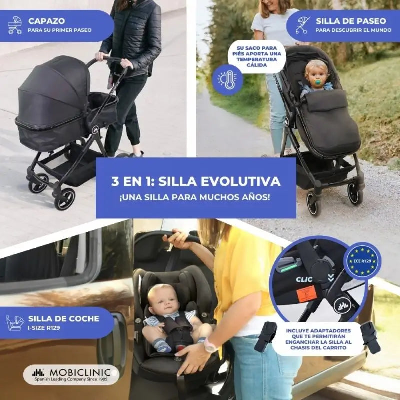 Mobiclinic Darky 3 In 1 Folding Stroller Grey