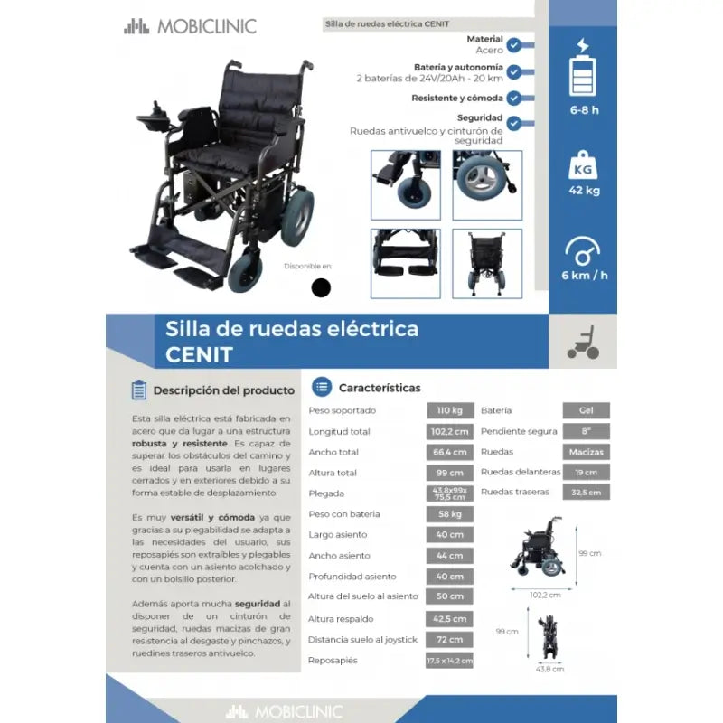 Mobiclinic Folding Electric Wheelchair - Auton. 20 Km - 20Ah - Motor - Steel - Black - Cenit