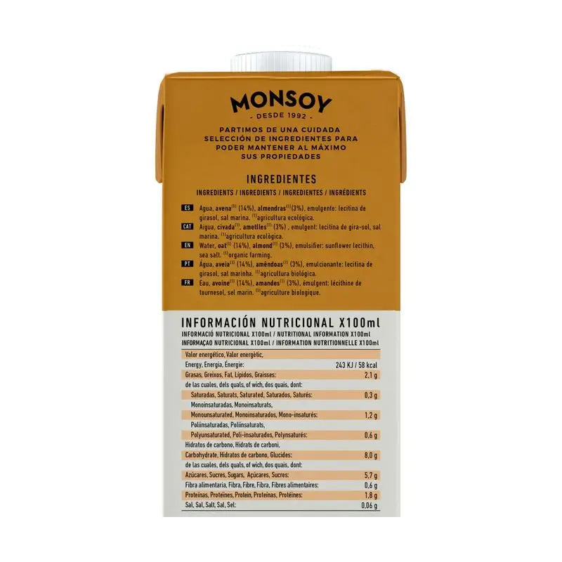 Monsoy Almond Vegetable Drink With Oatmeal 1Lt 6Ucs.Bio