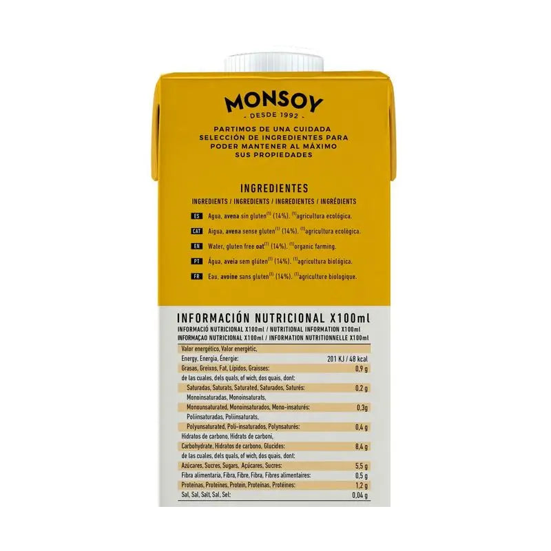 Monsoy Gluten Free Oat Vegetable Drink 1Lt. 6Pcs. Bio