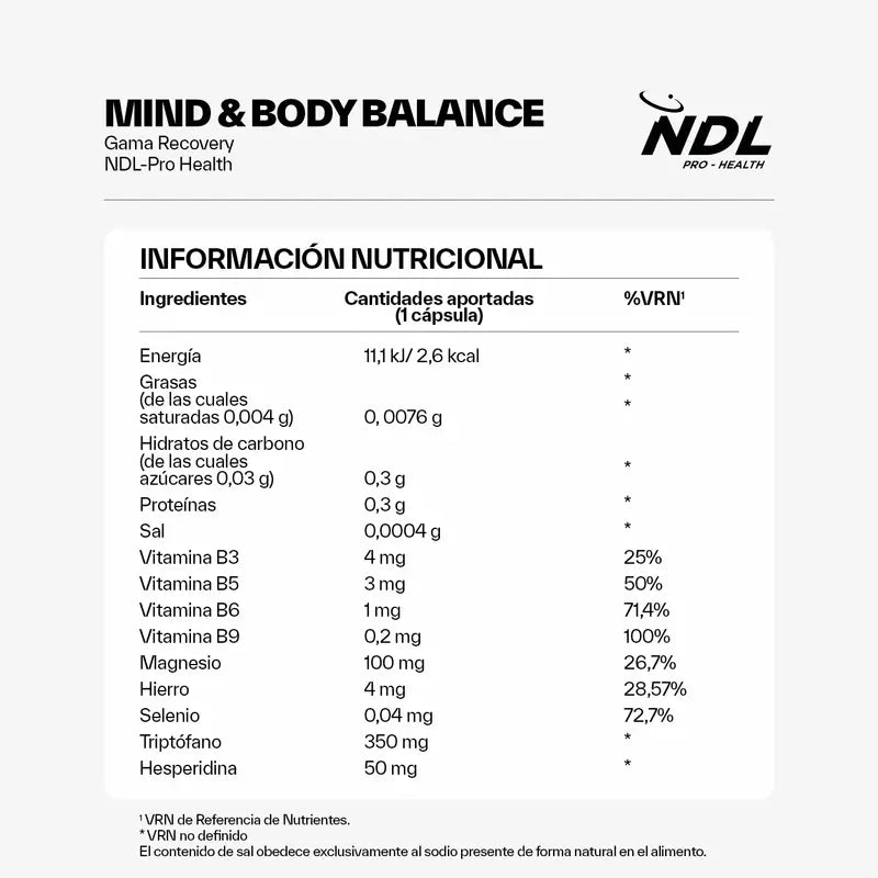 NDL Pro-Health Mind & Body Balance, Tryptophan with Magnesium and Vitamin B6, 30 Capsules