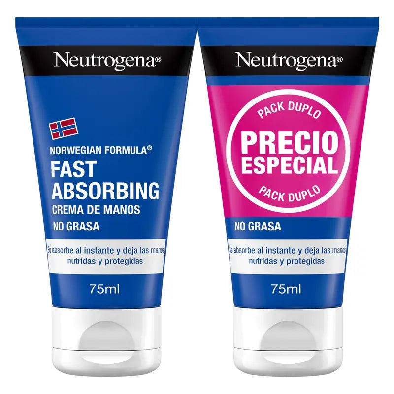 Neutrogena, Fast Absorbing Hand Cream, Crack Repairing, Norwegian Formula, For Dry Skin, 2 X 75Ml Pack