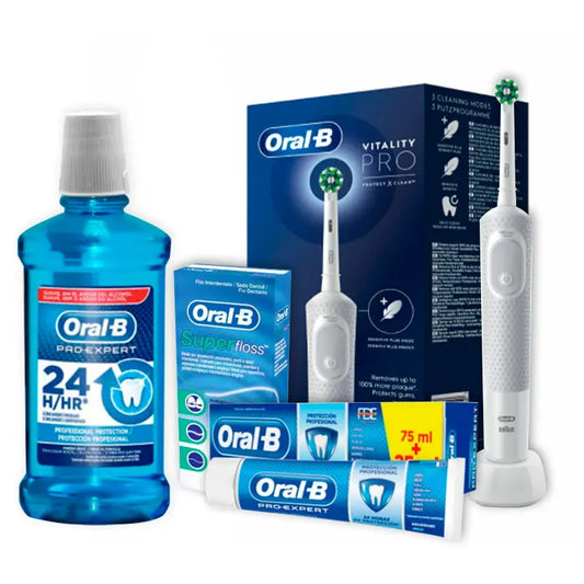 Oral-B Cepillo Electrico Recargable Blanco + Pasta Dentífrica + Super Floss Seda Dental + Pro-Expert Enjuague Bucal