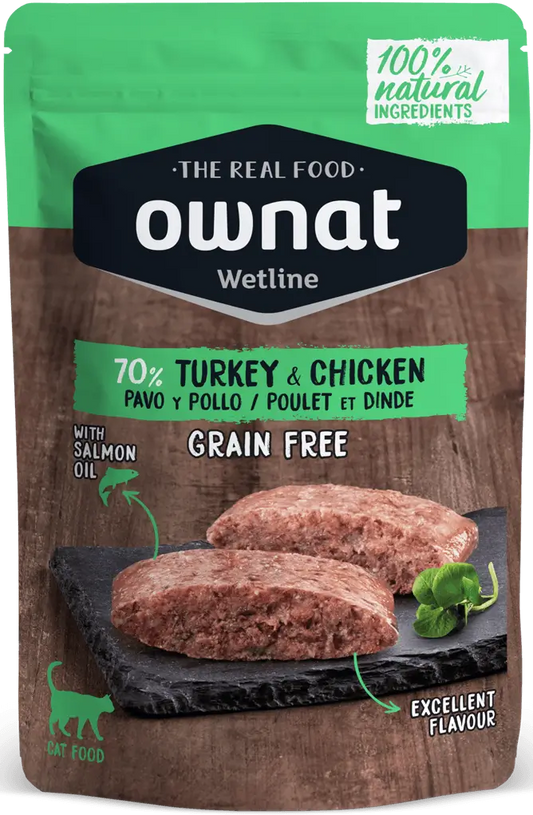 Ownat Wetline Feline Turkey Chicken Caja 12X85Gr , comida húmeda para gatos