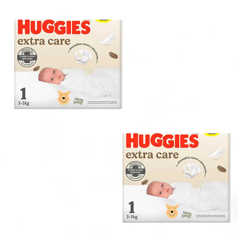 Pack 2 x Huggies Extra Care Newborn Nappy Size 1 (3-5KG), 56 Pcs.