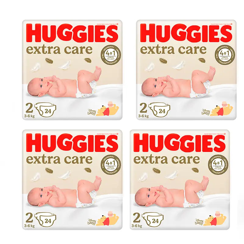 Huggies 4X Pack Extra Care Nappy Size 2 (4-6Kg), 96 Pcs.