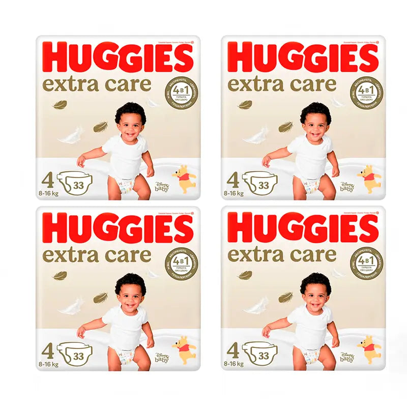 Huggies 4X Pack Extra Care Nappy Size 4 (8-14Kg), 132 Pcs.