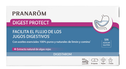 Pranarom Digest Protect Supports the flow of digestive juices 100% pure and natural lemon and cumin essential oils Natural red algae extract Vegan , 30 capsules