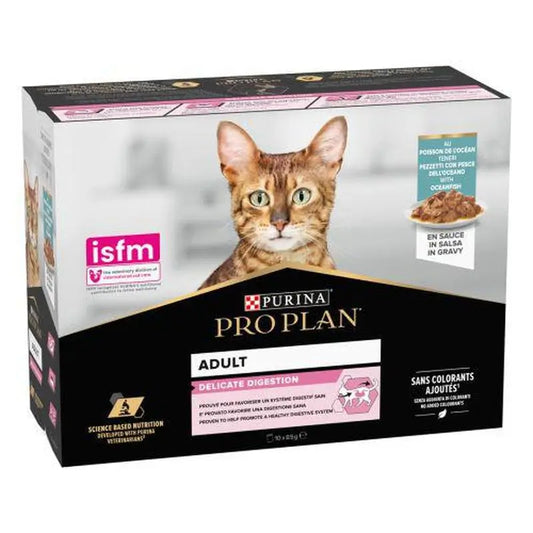 Purina Pro Plan Feline Delicate Pescado Del Oceano 10X85Gr, comida húmeda para gatos