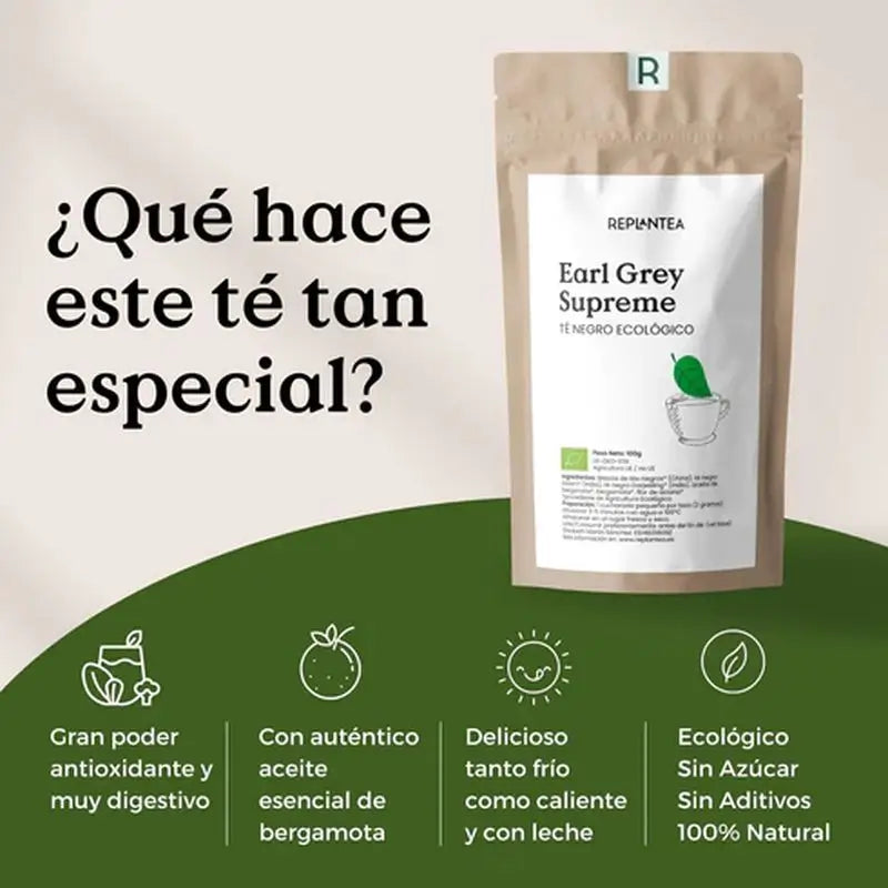 Replantea Té Negro Earl Grey Supreme Ecológico, 100 gr