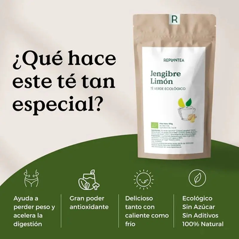 Replantea Té Verde Con Jengibre Y Limón Ecológico, 100 gr