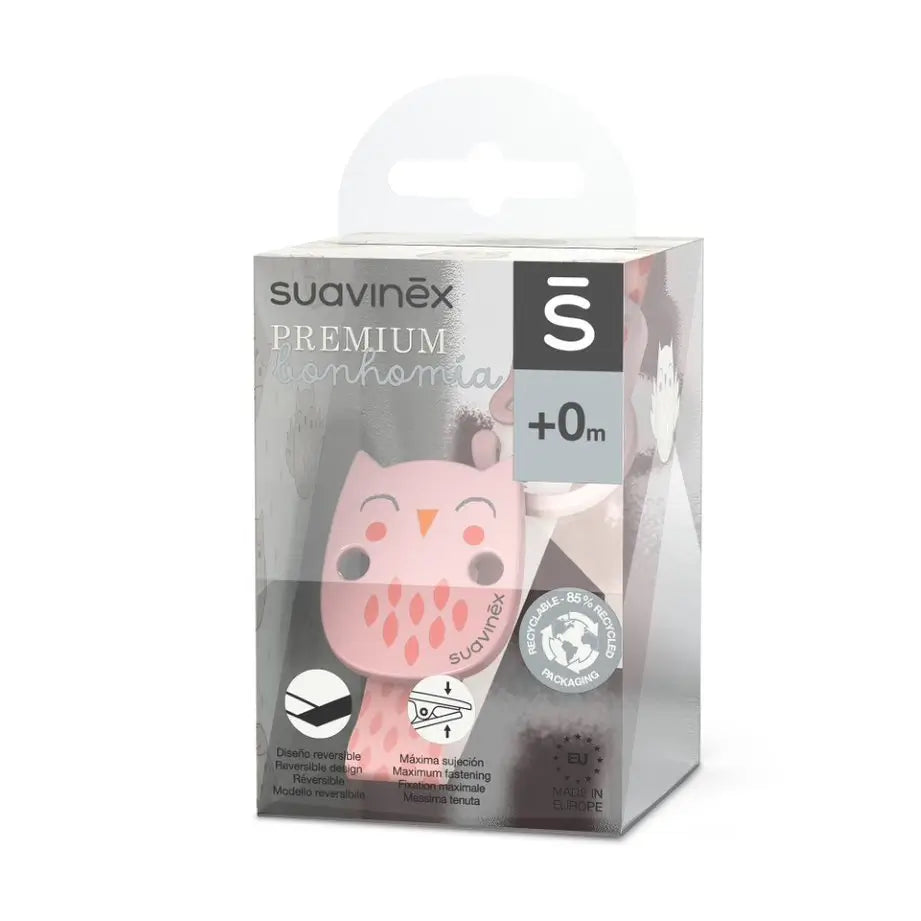 Suavinex Broche Pinza Con Cinta. Cadena Para Chupete Con Cinta Textil, Con Diseño A Dos Caras. +0 Meses. Rosa