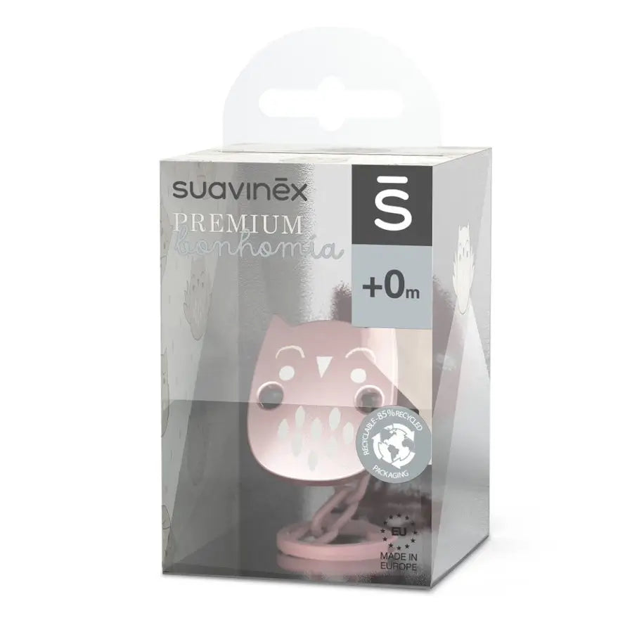 Suavinex Broche Pinza Premium. Cadena Para Chupete Con Efecto Metalizado Mate. +0 Meses. Rosa