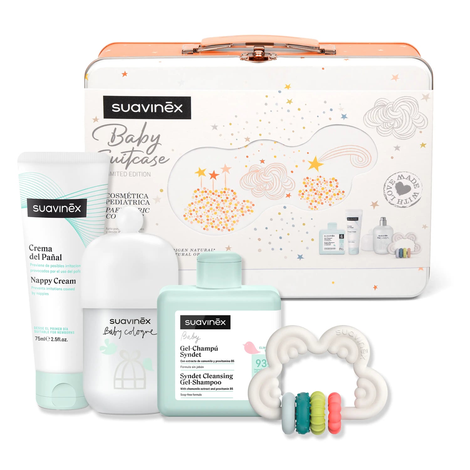 Suavinex Baby Layette With Metal Suitcase. Includes: Baby Cologne + Foaming Gel + Diaper Cream + Silicone Teether. Coral