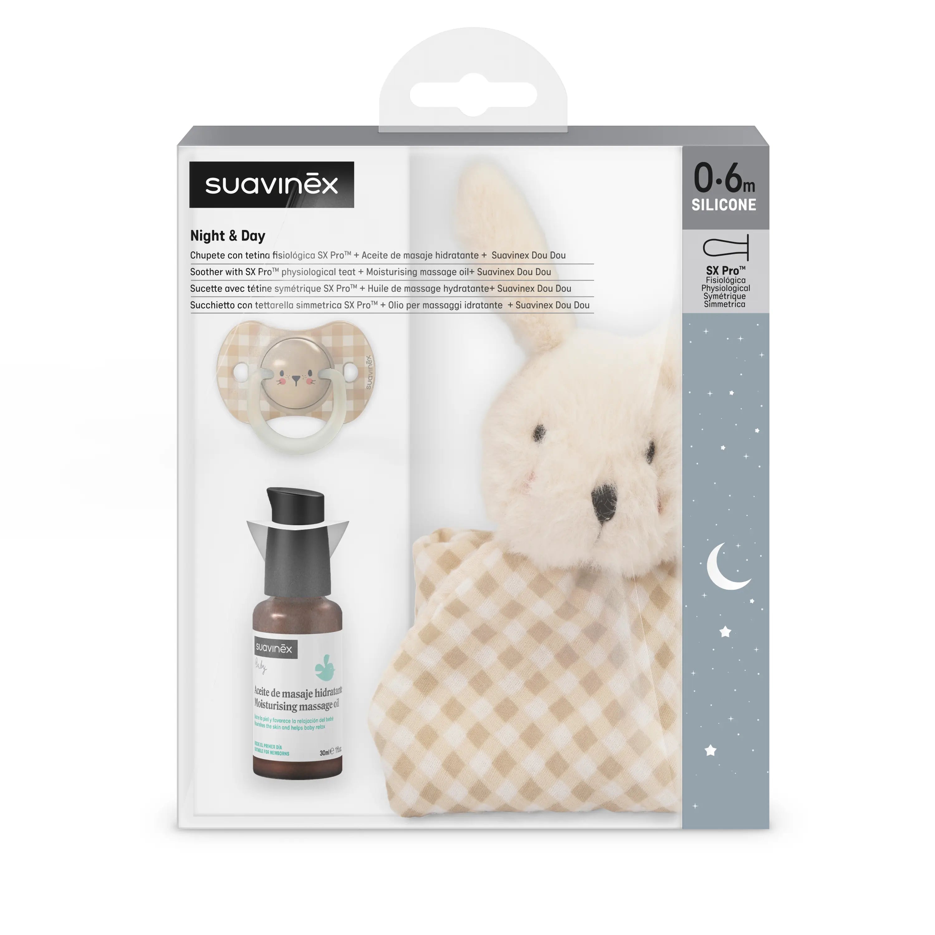 Suavinex Baby Pack: Doudou + Soother 0/6 Months Physiological Teat + Moisturising Massage Oil