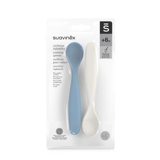 Suavinex Pack 2 Infant Spoons. Suitable for sensitive gums. Ideal for baby food and porridge. +4 Months, Blue + Grey