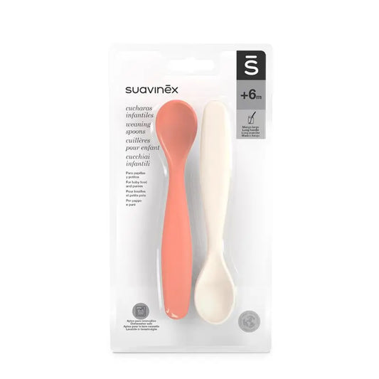 Suavinex Pack 2 Infant Spoons. Suitable for sensitive gums. Ideal for baby food and porridge. +4 Months, Coral + Grey