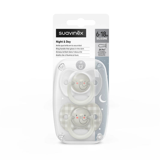 Suavinex Grey Glow In The Dark Pacifiers Pack, 6-18 Months, 2 units