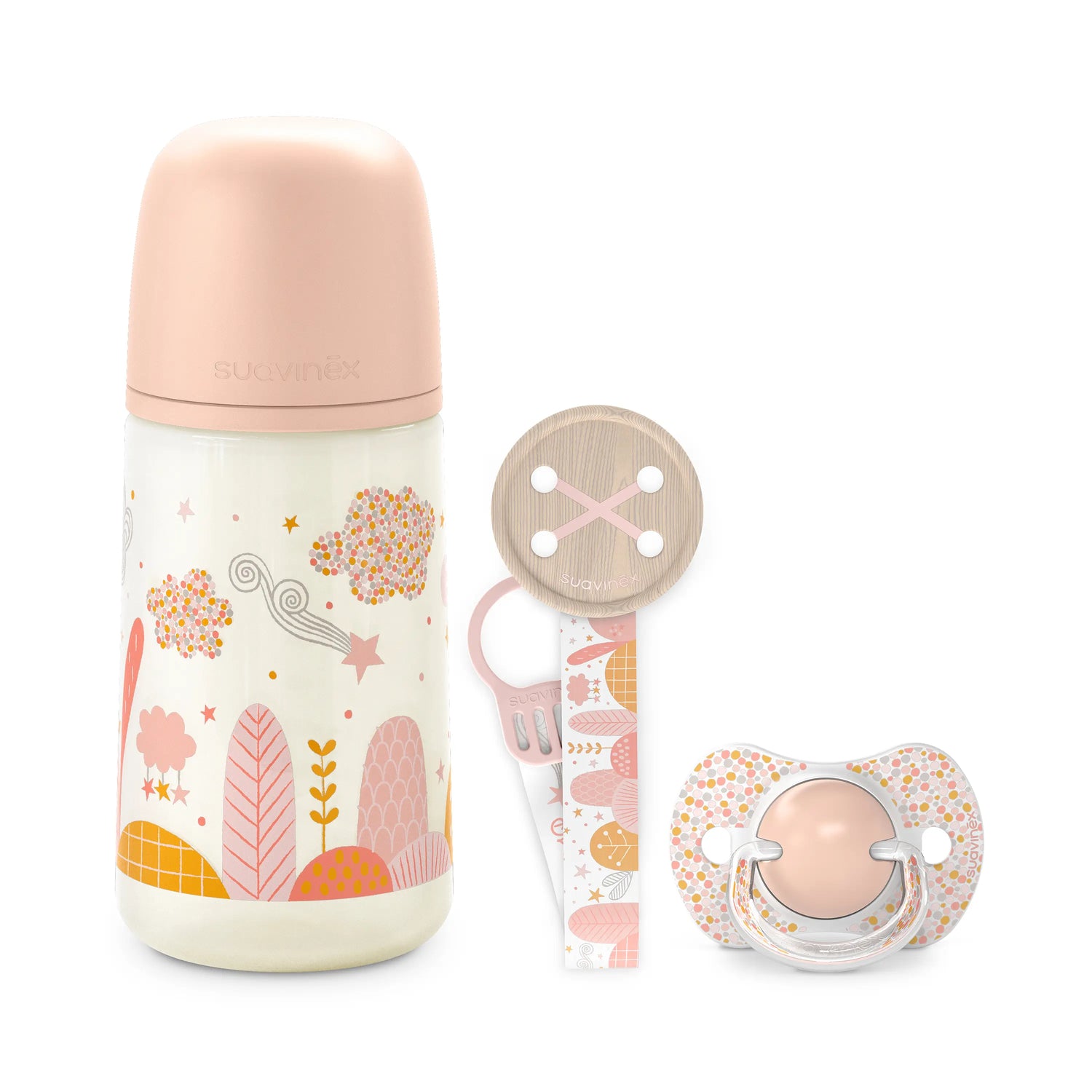 Suavinex Newborn Baby Gift Pack: Anti-colic Feeding Bottle 270 Ml + Soother 0/6 Months + Pacifier, Coral