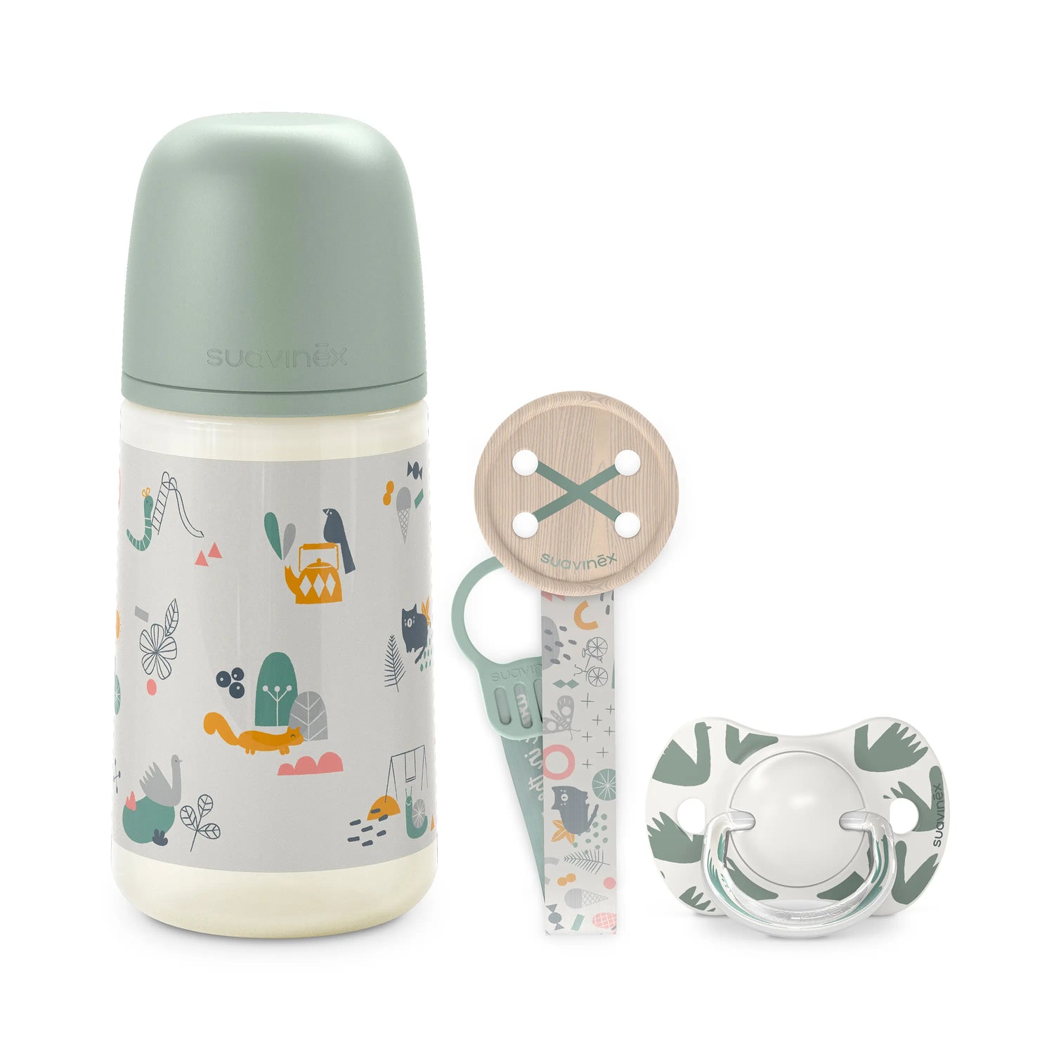 Suavinex Newborn Baby Gift Pack: Anti-colic Bottle 270 Ml + Soother 0/6 Months + Pacifier, Olive Green