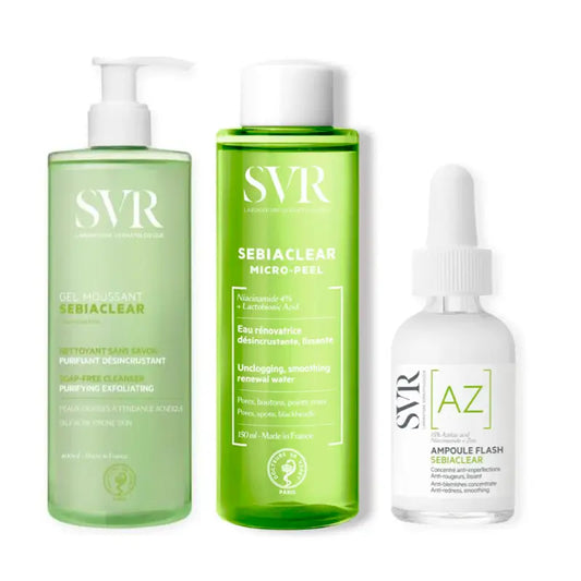 Svr Pack Acne Acne Skin Routine Sebiaclear Ampoule Flash, 30 Ml + Sebiaclear Gel Mousse 400 Ml + Sebiaclear Micro Peel 150 Ml