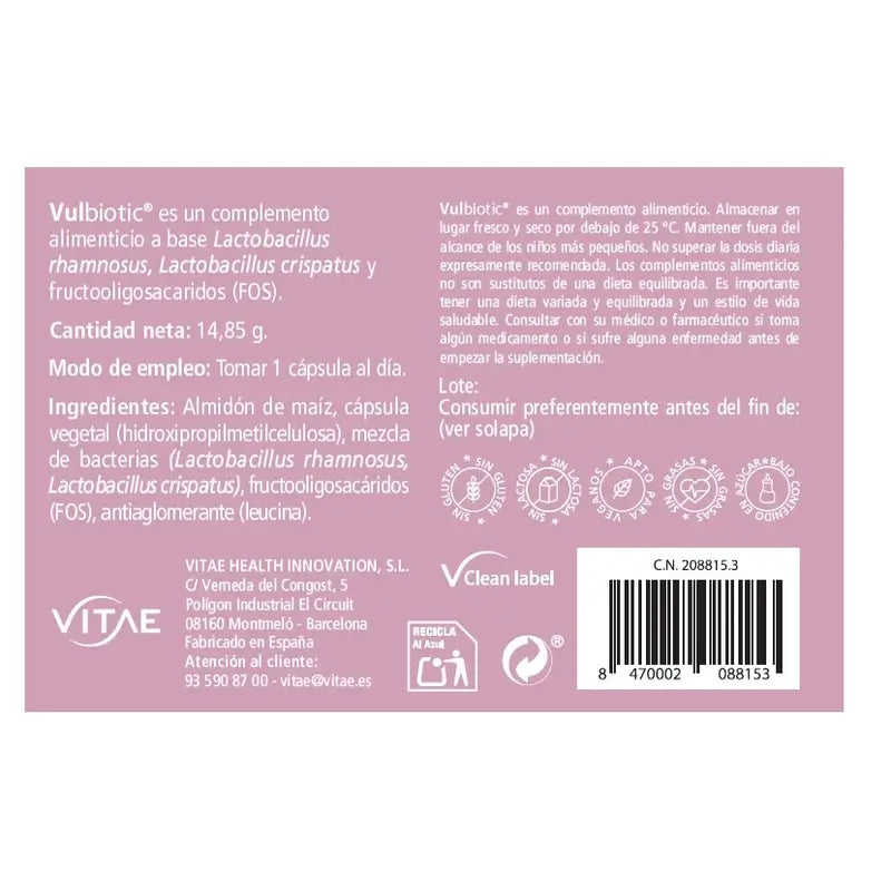 Vitae Vulbiotic Gynecological Probiotic - Intimate Care, 30 capsules