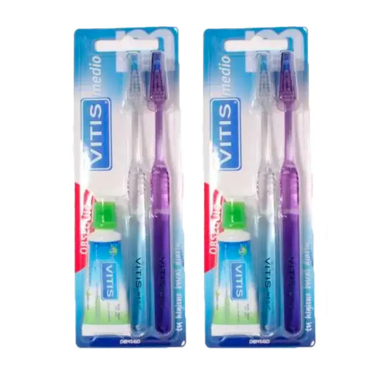 VITIS Medium Toothbrush + Anti-Cavity Toothpaste Pack 2 x 15 ml